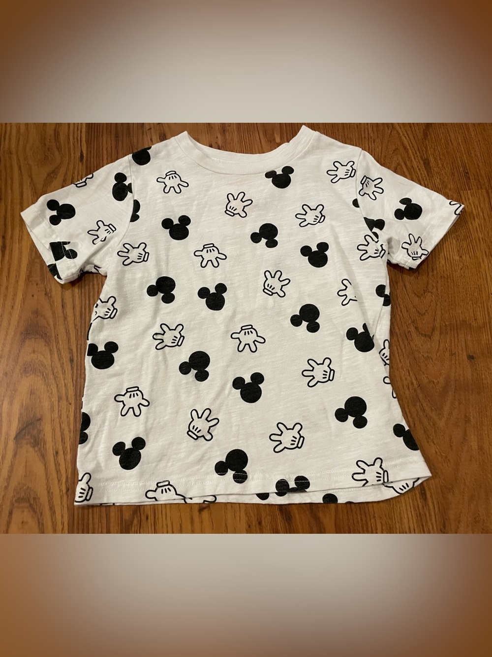 Disney White Short Sleeve Tee with Black Mickey Heads & Gloves